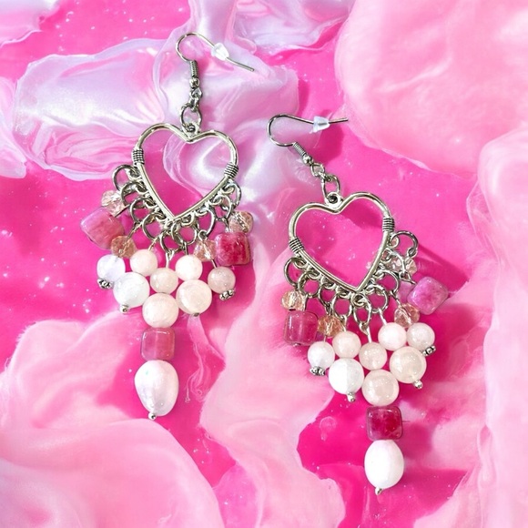 Rose Quartz and Crystals Heart Shaped Silver Toned Chandelier Earrings - Picture 1 of 17